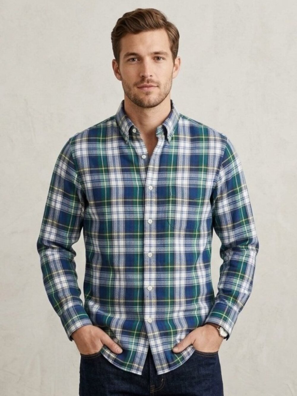 J.Crew Slim Fit Baird McNutt Irish Linen Plaid Shirt Small Blue Green Button Dow